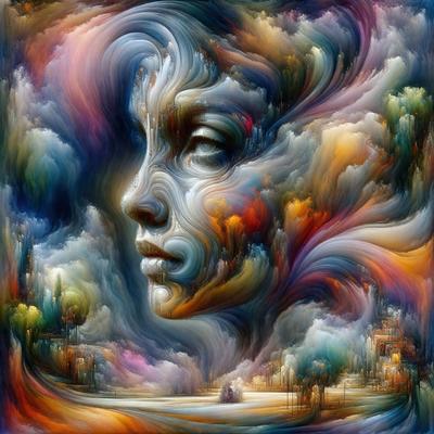 The primary subject of the image is a woman's face, which is the focal point of the artwork. The setting is a cloudy sky, and the visual style is a combination of digital art and illustration. The colors and mood of the image are vibrant and dynamic, with a mix of warm and cool tones that create a sense of depth and movement.